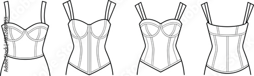 Elegant vector corset top fashion illustration showcasing detailed garment construction, structured bustier design, sewing lines, feminine silhouette, and apparel template artwork