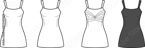 Elegant women’s camisole dress fashion vector set featuring multiple styles, clean line art outlines, garment templates, minimalist clothing design illustration