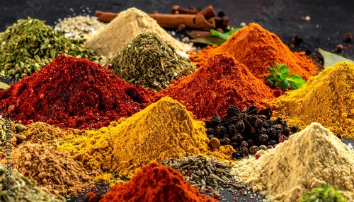 Fototapeta Naklejka Na Ścianę i Meble -  Close-up of various vibrant, colorful spice mounds and seasonings arranged on a dark surface, with cinnamon sticks
