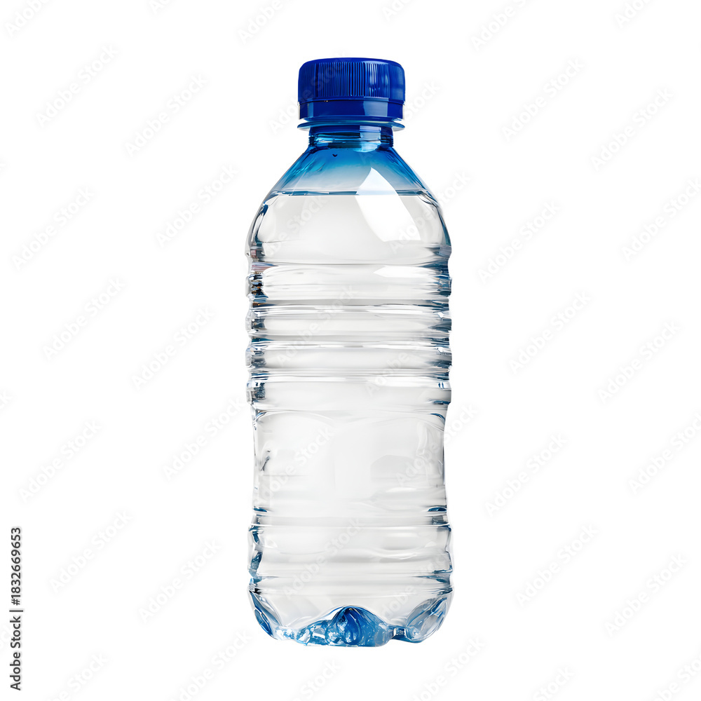 Naklejka premium Clear Plastic Water Bottle with Blue Cap Isolated on White Background