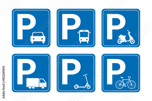 Set of blue parking lots signs. Letter - P, collection of parking symbols. Truck, scooter, car and public transport parking signs isolated on white background.