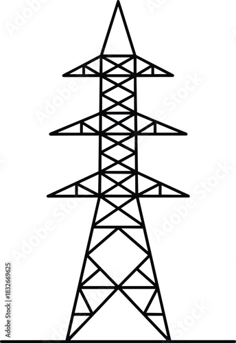 High voltage electricity transmission tower vector illustration showing detailed power line structure for energy industry, infrastructure design, engineering, and utility concepts.
