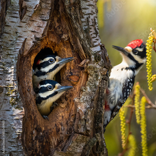 Nurturing woodpecker feeds hungry chicks in tree cavity.
A woodpecker, possibly a Yellow-bellied Sapsucker (*Sphyrapicus varius*), is perched on a tree trunk near a cavity.