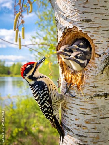 Nurturing woodpecker feeds hungry chicks in tree cavity.
A woodpecker, possibly a Yellow-bellied Sapsucker (*Sphyrapicus varius*), is perched on a tree trunk near a cavity.