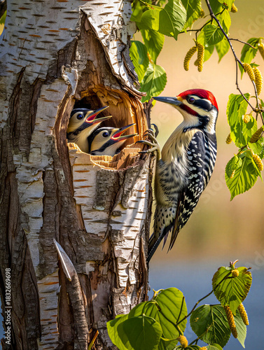 Nurturing woodpecker feeds hungry chicks in tree cavity.
A woodpecker, possibly a Yellow-bellied Sapsucker (*Sphyrapicus varius*), is perched on a tree trunk near a cavity.