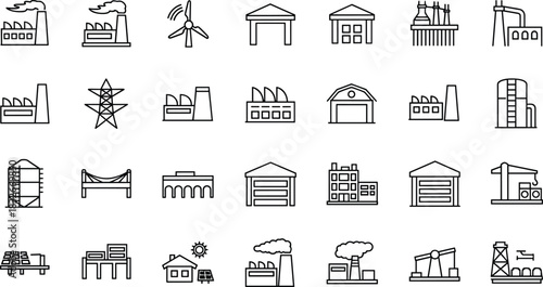 Industrial factory and energy production icons set illustrating manufacturing buildings, power plants, warehouses, and renewable resources for modern engineering vector design.