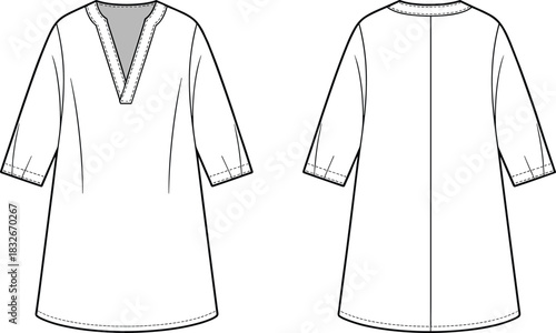 Minimalist women’s tunic dress fashion flat with V-neckline, half sleeves, stitching details, front and back technical vector illustration design