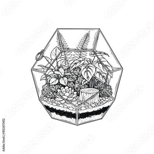 hand drawn terrarium vector black and white illustration