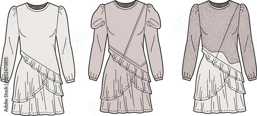 Stylish ruffle dress fashion technical illustration showcasing three design variations with asymmetric seams, layered skirt details, long sleeves, and garment construction lines.