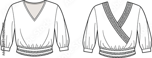 Stylish women’s blouse fashion flat illustration featuring V-neck front, crossover back design, detailed waistband, long sleeves, and modern apparel vector styling.