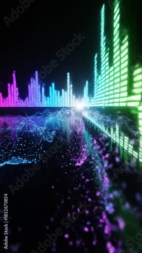 Abstract sound wave visualization with equalizer bars neon colors and digital audio design