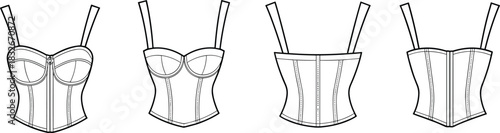 Vector corset top fashion illustration showcasing structured bustier design, front and back views, detailed stitching, garment construction, and apparel template artwork