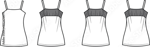 Vector camisole top illustration featuring gathered bust detail, front and back views, clean outline design, garment template, and fashion construction reference