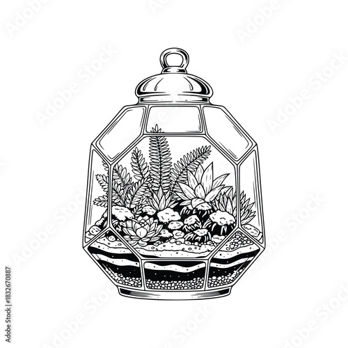 black and white terrarium hand drawn vector illustration