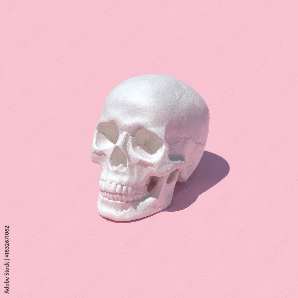Obraz premium White skull isolated against a bright pink background casting dark shadow.