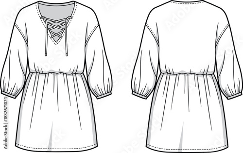 Vector fashion illustration of women’s loose-fit dress with lace-up neckline, gathered waist, puff sleeves, and detailed front and back technical flats