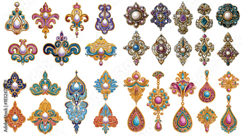 Elegant jewel inspired motif illustration set with ornate shapes, gem details and decorative artistic patterns. Perfect for luxury themes, vintage decor and creative design concepts.