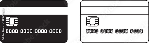 Black and White Credit Card Icons Set. Minimalist Vector Graphic with EMV Chip and Outline Style
