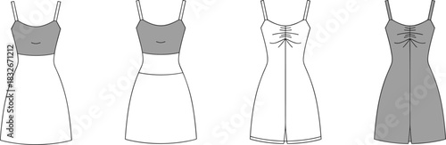 Vector sleeveless dress illustration featuring gathered bust detail, front and back views, clean technical outline design for fashion template and garment construction reference.