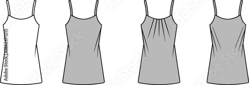 Vector tank top fashion illustration showing front and back views, pleated details, clean outline design, garment template, and apparel construction reference