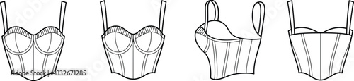 Vector technical fashion illustration of structured bustier top with panel detailing, adjustable straps, contour seams, and multiple garment views for apparel design.