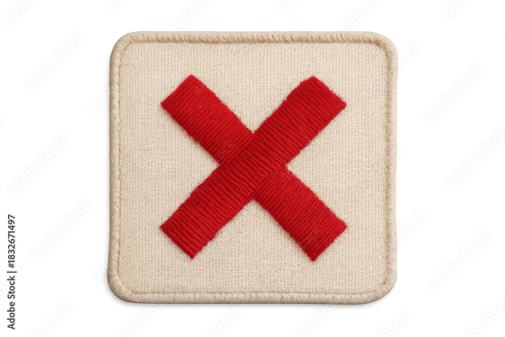 Obraz premium Red knitted x mark on a beige square patch, symbolizing rejection, error, and denial, with transparent background