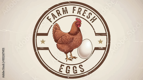 Vintage Farm Fresh Eggs Circular Stamp Vector Illustration with Chicken and Egg