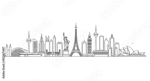 Minimalist black and white line art of iconic global cityscape with famous landmarks and modern
