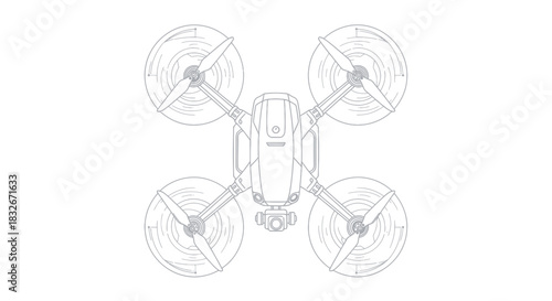 Technical line drawing of a quadcopter drone with four rotors and detailed structure