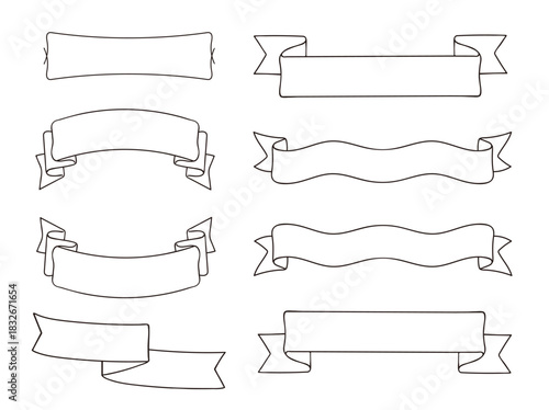 白黒の手描きラインで描いた多形状リボンバナーセット｜見出しやフレームとして使える装飾ラベルデザイン
