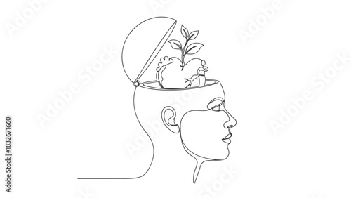 Continuous one line art drawing of a human head profile with a growing plant and heart inside, symbolizing growth and ideas