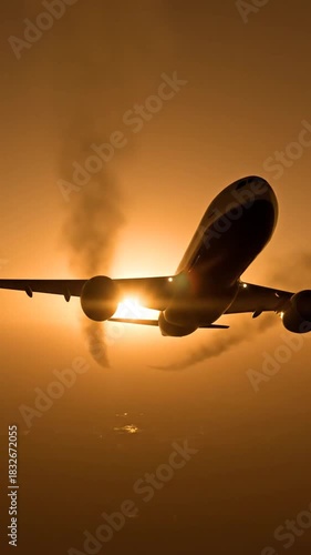Airplane flying against a golden sky illuminated by the sun capturing travel transportation and air travel