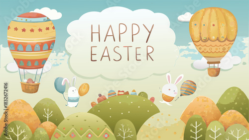 Whimsical happy easter illustration featuring cute bunnies colorful hot air balloons and decorated easter eggs in a charming landscape with rolling hills and trees