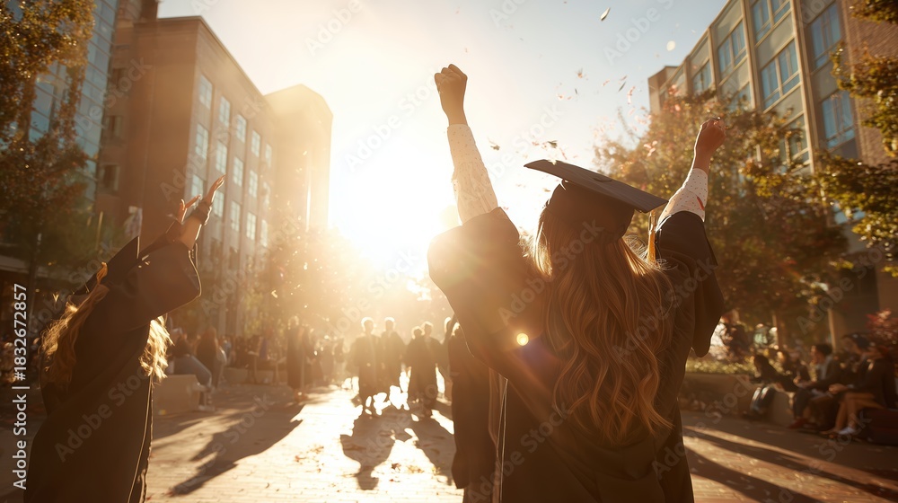 Fototapeta premium Graduates celebrate under a bright sunset at a university commencement ceremony