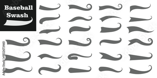 Baseball Swoosh Font Tail Vector Set. Swash Sport Underline Curve Text Line Tails. Vintage Brush Ornament Wave Swirl Typography Elements. Curly Alphabet Varsity Stroke Decoration Graphic Collection