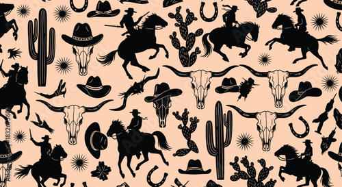 Black silhouette western cowboy rodeo and cactus pattern on cream background