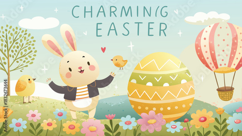Charming easter illustration featuring a happy bunny cute chicks a giant decorated egg and a hot air balloon in a spring landscape with flowers and a tree