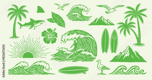 Tropical beach and ocean adventure elements featuring palm trees sharks and surfing