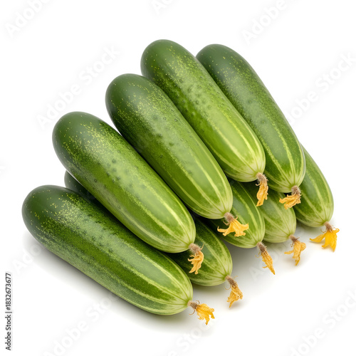 Fresh Cucumbers with Yellow Blossoms on White Background
