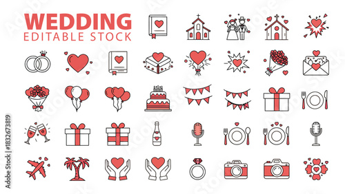 A diverse collection of charming, editable wedding-themed icons and graphics including cakes, rings, hearts, and decorations.
