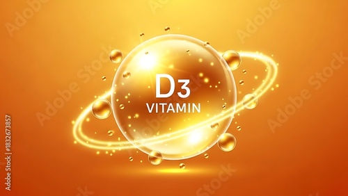 Golden vitamin d3 capsule with glowing rings and small droplets on orange background