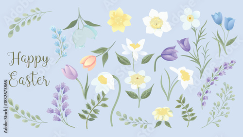 A collection of delicate watercolor spring flowers and greenery with the words happy easter written in elegant script on a soft blue background