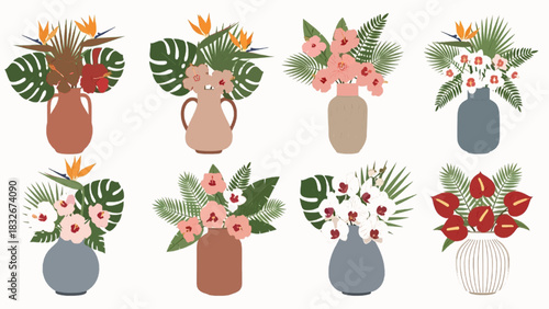 Vase with flowers. Various plants in ceramic vases. Tropical blooming flower, leaves. Modern pottery with bouquets for interior decor vector set. Beautiful floral elements for decoration