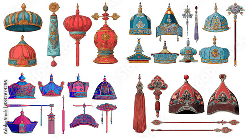 Royal crown and scepter illustration set with ornate details, vibrant colors and classic ceremonial motifs. Perfect for fantasy themes, noble heraldry and decorative design elements.