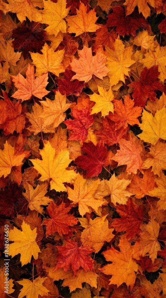Fototapeta premium Autumnal Symphony of Maple Leaves A Tapestry of Warm Hues Capturing the Essence of Fall Season with a Rich Palette of Red Orange and Yellow