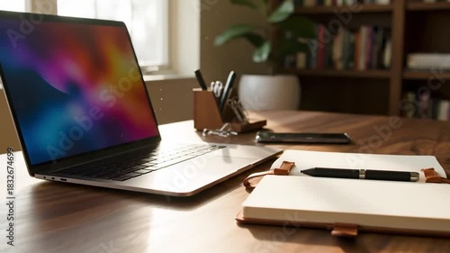Cropped shot of technology and a notebook on a desk in an empty home office during the day