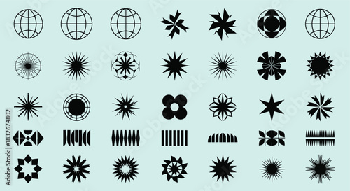 Collection of abstract geometric and organic shapes in black and white line art style