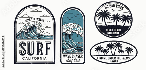Vintage surf art collection featuring crashing waves and tropical palm trees