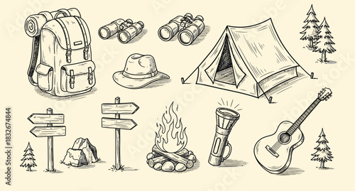 Vintage sketch of camping and outdoor adventure gear and supplies