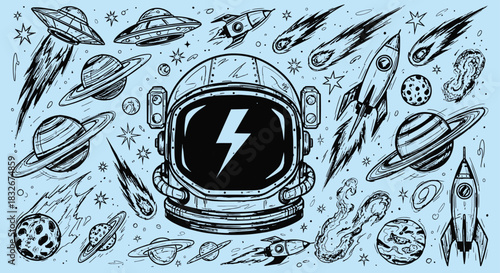 Cosmic adventure awaits astronaut helmet surrounded by planets rockets and stars